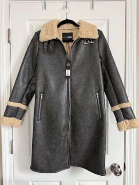 Fashion Nova Gray Faux Leather Long Shearling Trench Coat with Tan Trim